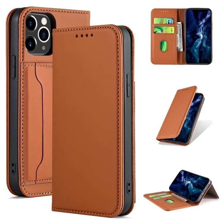 Apple iPhone 12 / 12 Pro Strong Magnetic Shockproof Horizontal Flip Liquid Feel Leather Case with Holder & Card Slots & Wallet (Brown)