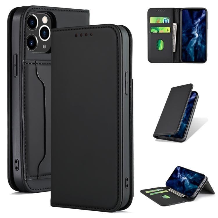 Apple iPhone 12 / 12 Pro Strong Magnetic Shockproof Horizontal Flip Liquid Feel Leather Case with Holder & Card Slots & Wallet (Black)