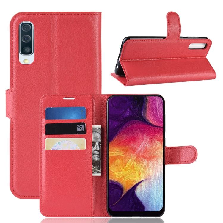 Litchi Texture Horizontal Flip Leather Case Cover for Samsung Galaxy A50, with Wallet & Holder & Card Slots (Red)