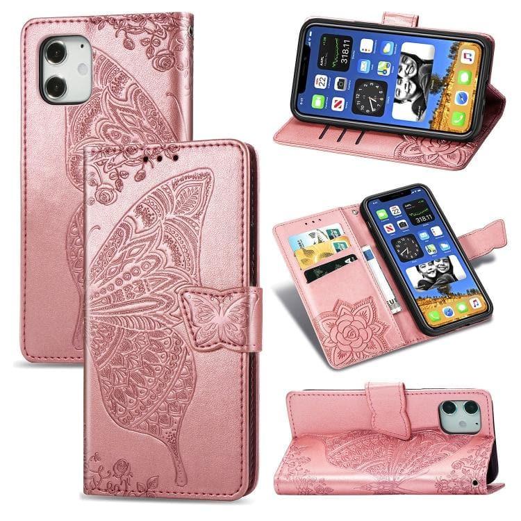 Apple iPhone 12 / 12 Pro 6.1 inch Butterfly Love Flower Embossed Horizontal Flip Leather Case Cover with Bracket / Card Slot / Wallet / Lanyard (Rose Gold)