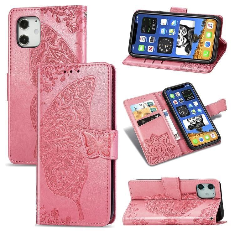 Apple iPhone 12 / 12 Pro 6.1 inch Butterfly Love Flower Embossed Horizontal Flip Leather Case Cover with Bracket / Card Slot / Wallet / Lanyard (Pink)