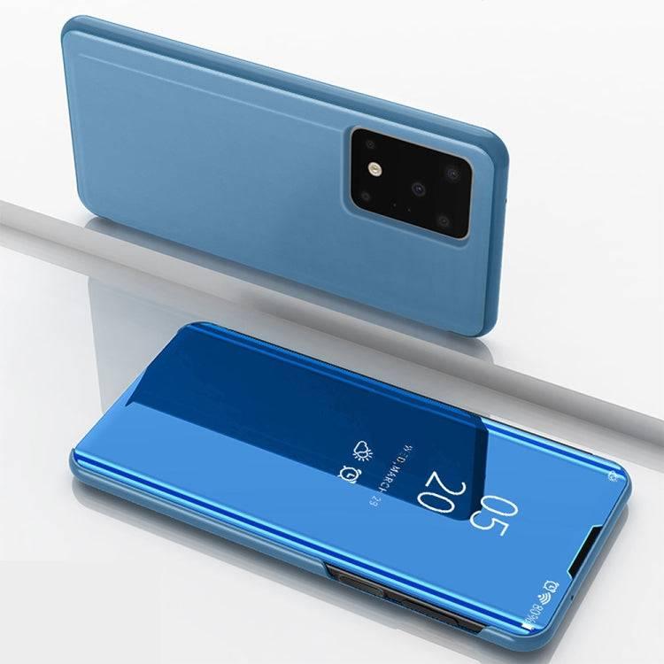 Galaxy S20 Ultra Plated Mirror Horizontal Flip Leather Case with Holder(Blue)