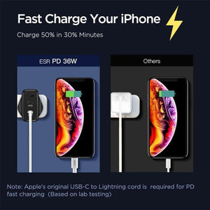 ESR 2PD 36W Plug Travel Wall Charger Adapter Fast Charger for iPhone and Samsung - Tpye - C (UK Plug) - Gadget Station