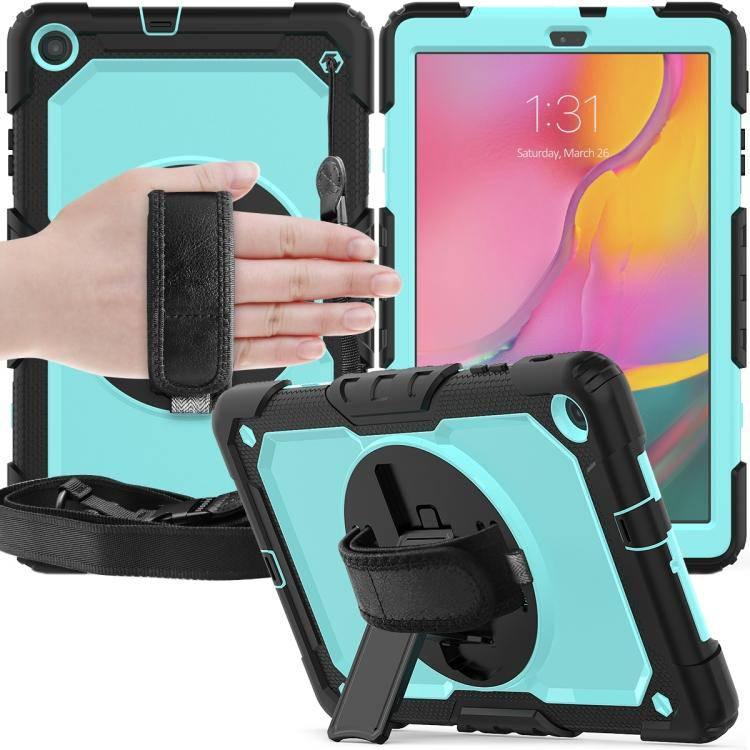 Samsung Galaxy Tab A10.1 2019 - T510 Shockproof Colourful Silica Gel + PC Protective Case Cover, with Holder & Shoulder Strap (Black+Light Blue) - Gadget Station