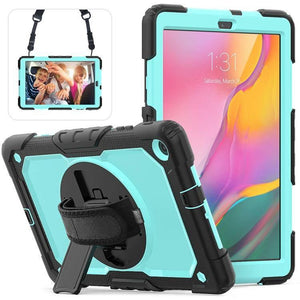 Samsung Galaxy Tab A10.1 2019 - T510 Shockproof Colourful Silica Gel + PC Protective Case Cover, with Holder & Shoulder Strap (Black+Light Blue) - Gadget Station