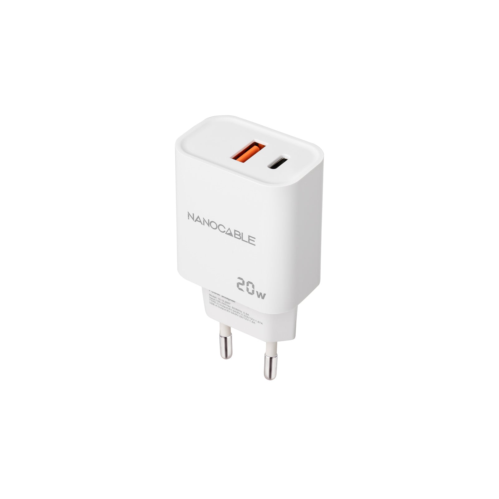Nanocable 20W USB-C PD + USB-A QC Wall Charger - White