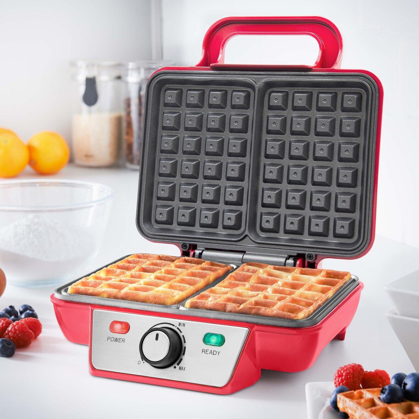 Double Waffle Maker Machine 2 Belgian Waffles Non-Stick Easy Clean Red