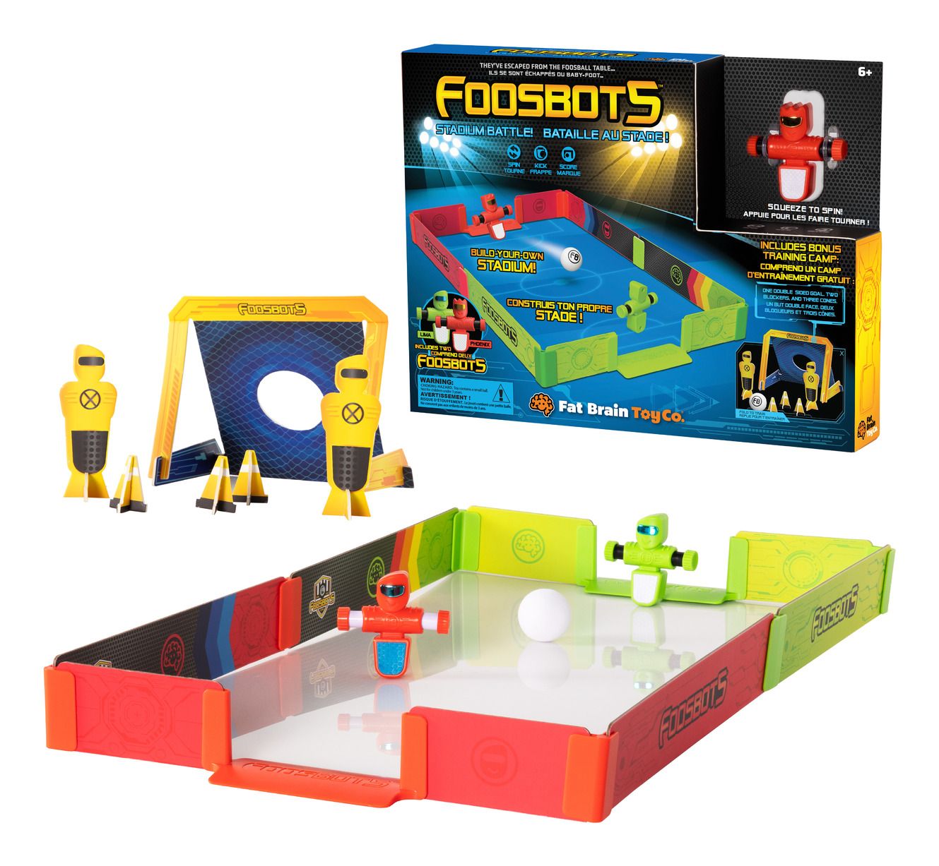 Fat Brain Toys Foosbots Stadium Battle | Spinning Robot Table Football Game | Includes 2 Foosbots, 1 Ball, Customisable Stadium, Bonus Training Camp
