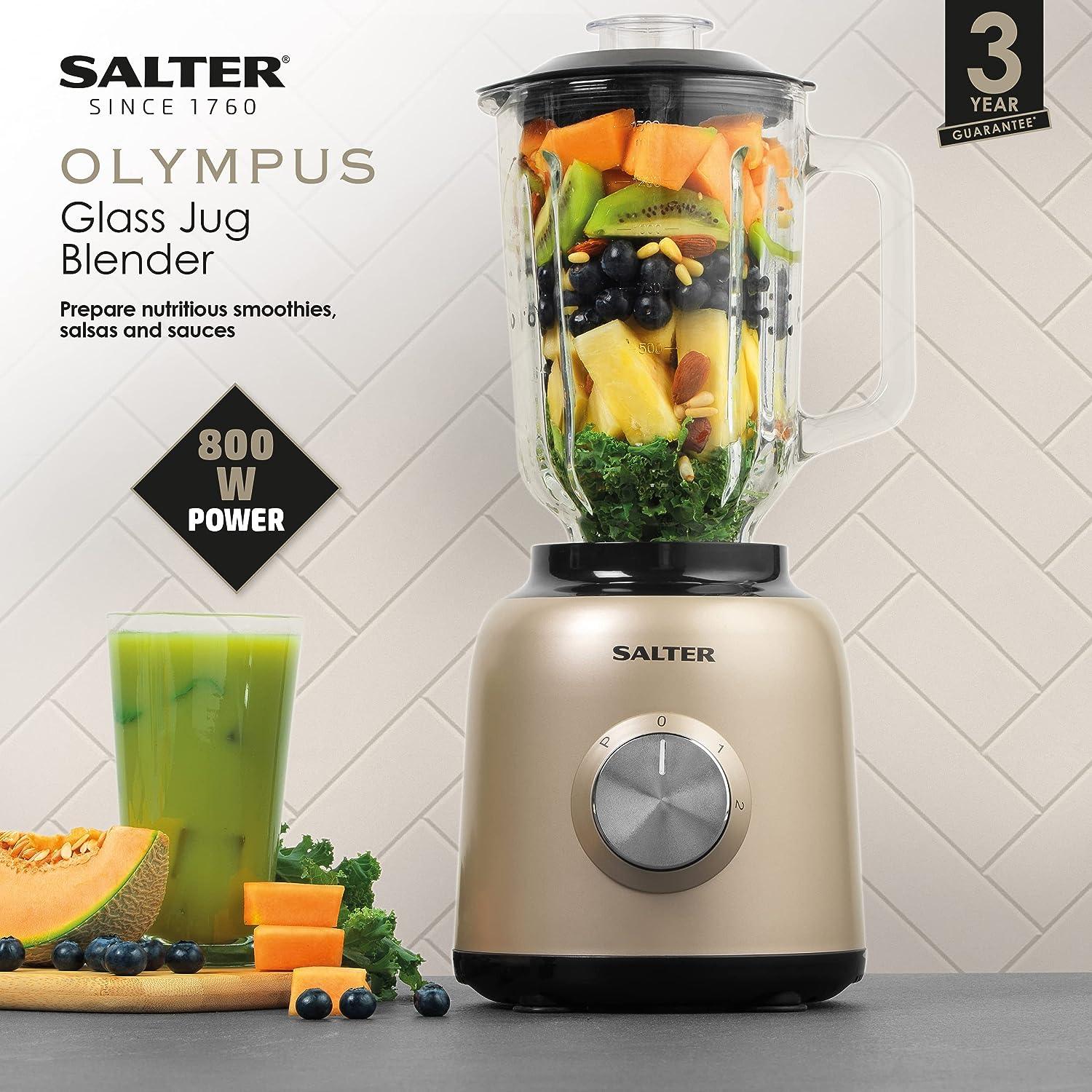 Salter Olympus Glass Jug Blender - Milkshake and Smoothie Maker, 1.5 L Capacity, Healthy Soup Maker, 2 Speed Settings with Pulse Function, Detachable Blade for Easy Cleaning, Gold, 800W