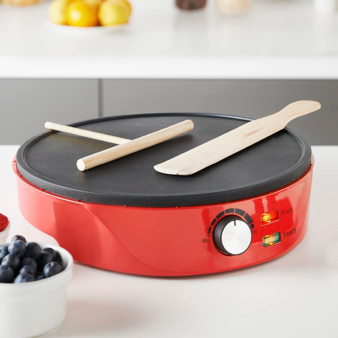 Pancake and Crepe Maker /Non-Stick Hot Plate with Raised Edges for Reduced Wastage /Adjustable Temperature /Wooden Spreader & Spatula Included /1000W