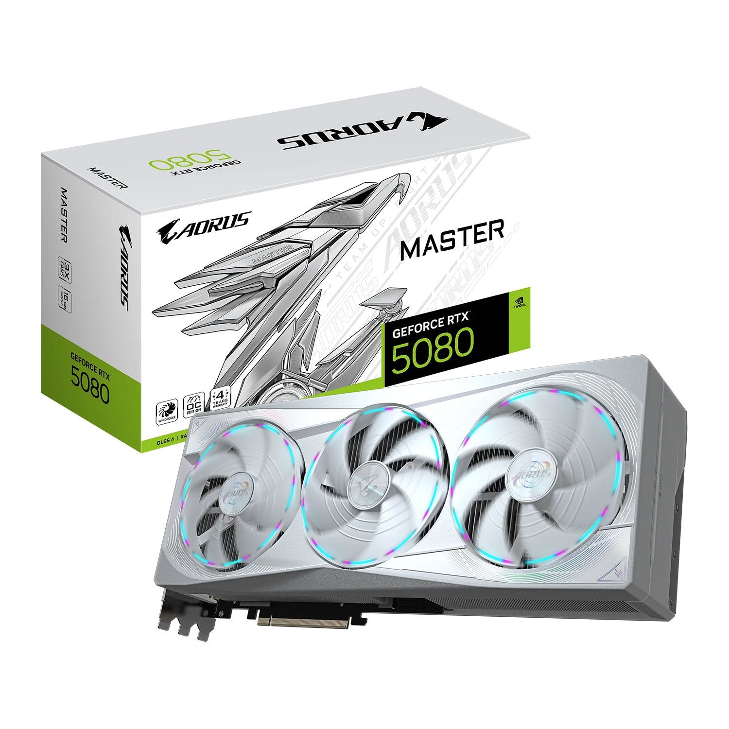 Gigabyte NVIDIA GeForce RTX 5080 AORUS MASTER ICE 16G Graphics Card, 16GB GDDR7, 10752 CUDA Cores, 2805 MHz Core Clock, Triple Fan, White, RGB, 3x DisplayPorts / 1x HDMI Port