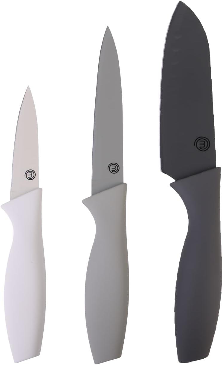 MasterChef Knife Set of 3 Kitchen Knives for Cooking (Chef, Paring & Utility), Professional Sharp Stainless Steel, Non Stick Blades & Soft Touch Handles, Easy Grip, Earth Collection, 3 Piece