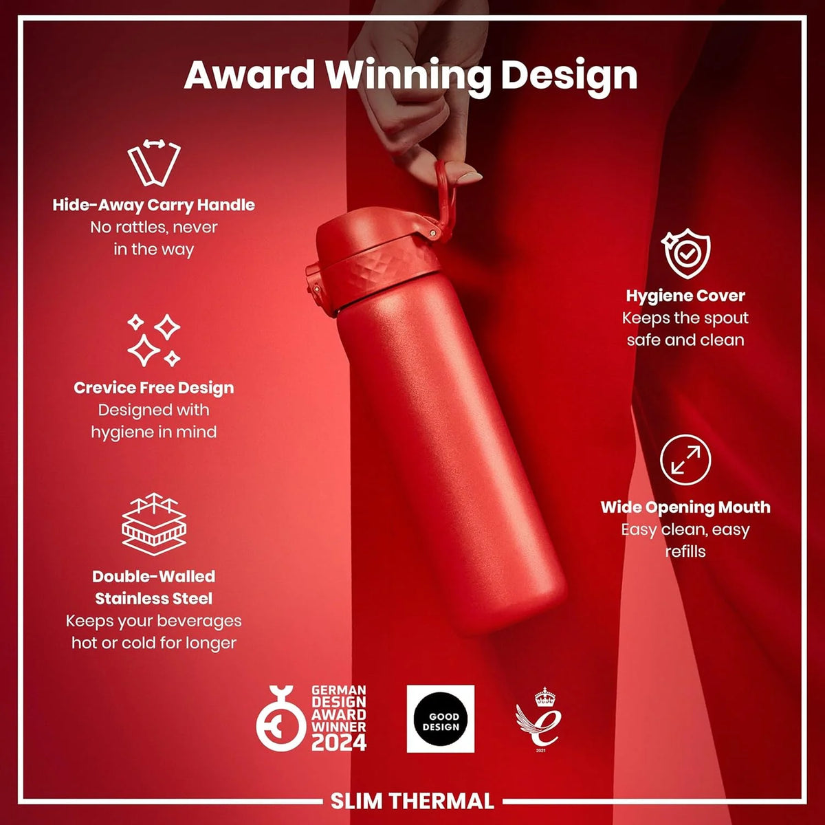 Ion8 Vacuum Insulated Slim Water Bottle 500ml - Red