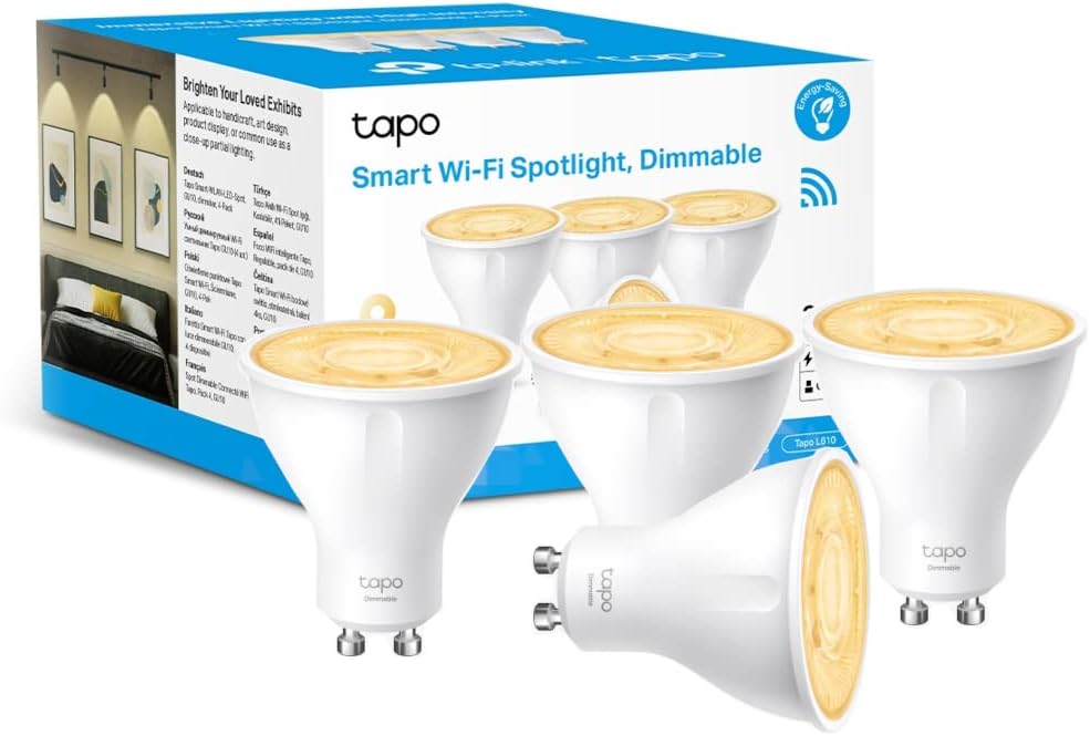 Tapo (4-Pack) Smart Bulb, Alexa Light Bulb, WiFi Smart Light Bulb, GU10 Lamp Base, 1-100% Dimmable Wi-Fi LED Spotlight Bulbs, High Lumen, Remote Control, Voice Control with Alexa & Google