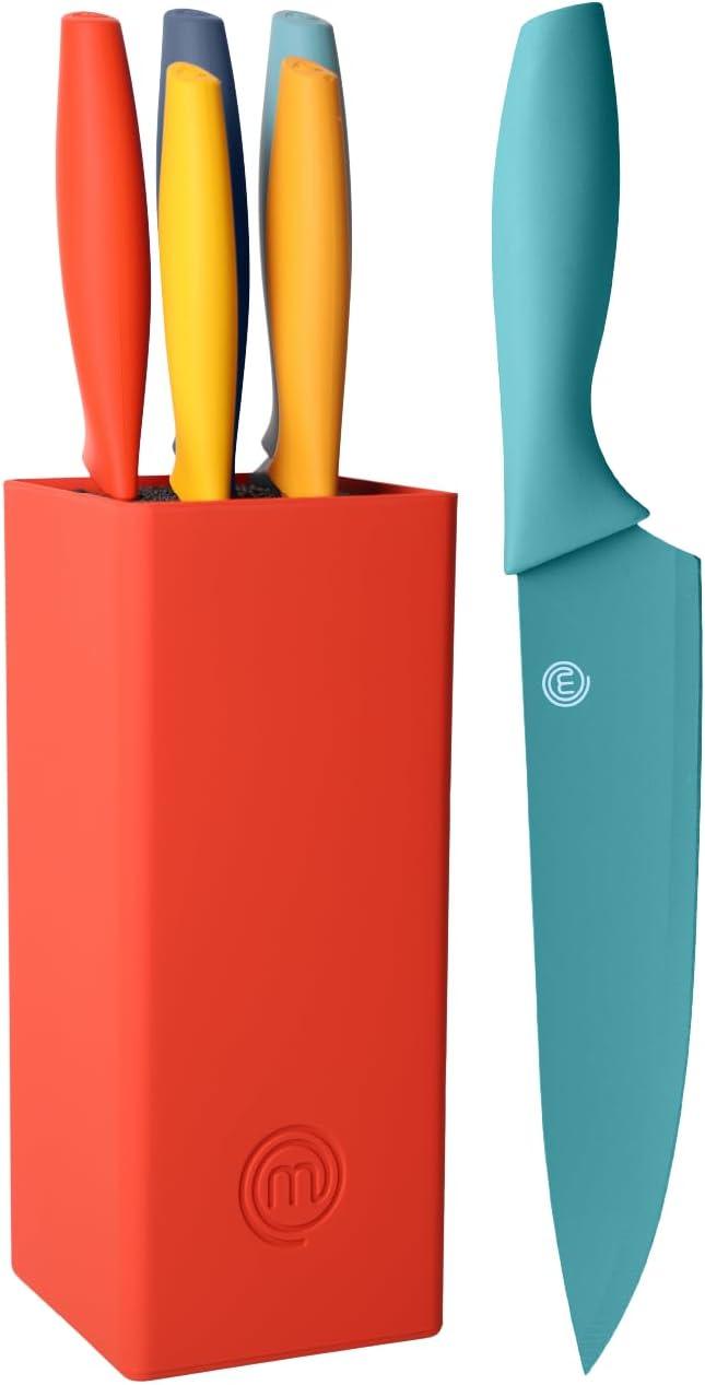 MasterChef Knife Set with Block, 5 Kitchen Knives with Sharp Stainless Steel Blades (Chef, Paring, Utility, Carving, Bread) Soft Touch Easy Grip Handles & Universal Knife Holder, Colour Collection