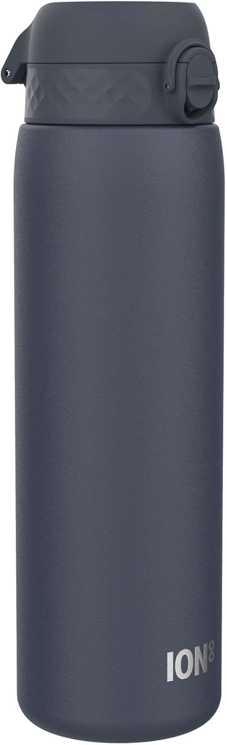 Ion8 Leak Proof 1 Litre Water Bottle, Stainless Steel, Ash Navy, 1200ml (40oz), Leak Proof, Easy to Open, Secure Lock, Dishwasher Safe, Fits Cup Holders, Carry Handle, Scratch Resistant, Metal Water Bottle