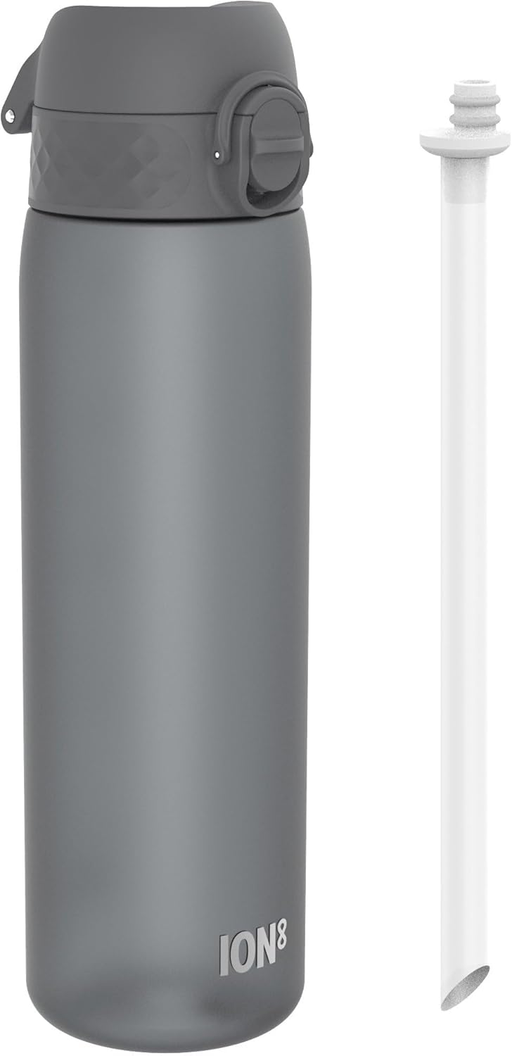 Ion8 Leak Proof Slim Water Bottle With Straw, Grey, 500ml (18oz), BPA-Free Drinking Bottle with Straw, Triple Lock Lid to Prevent Spills & Integrated Handle, Carbon Neutral, Recyclon