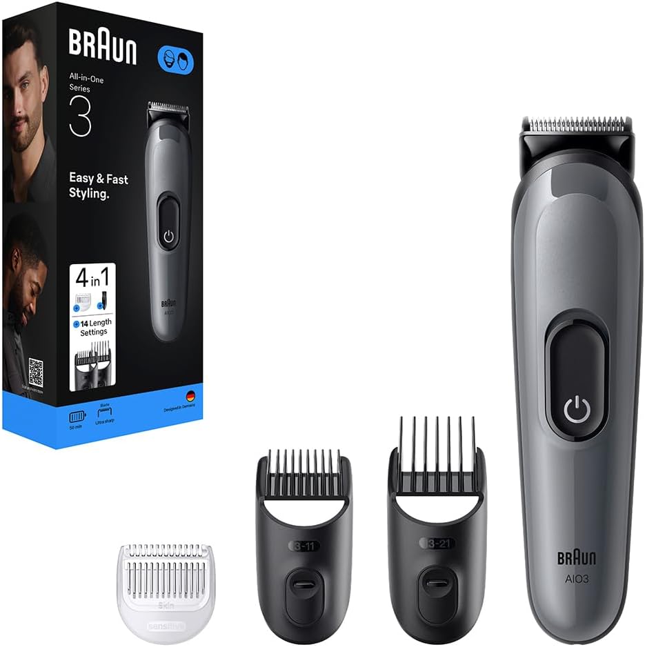 Braun All-in-One Series 3 4-in-1 Trimmer for Beard, Hair & Body, Ultra-Sharp Blade, 14 Length Settings, Rechargeable