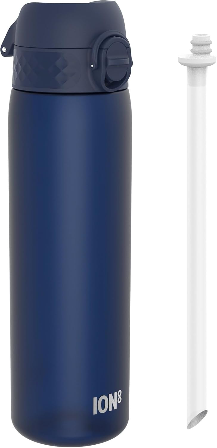 Ion8 Leak Proof Slim Water Bottle With Straw, Navy, 500ml (18oz), BPA-Free Drinking Bottle with Straw, Triple Lock Lid to Prevent Spills & Integrated Handle, Carbon Neutral, Recyclon