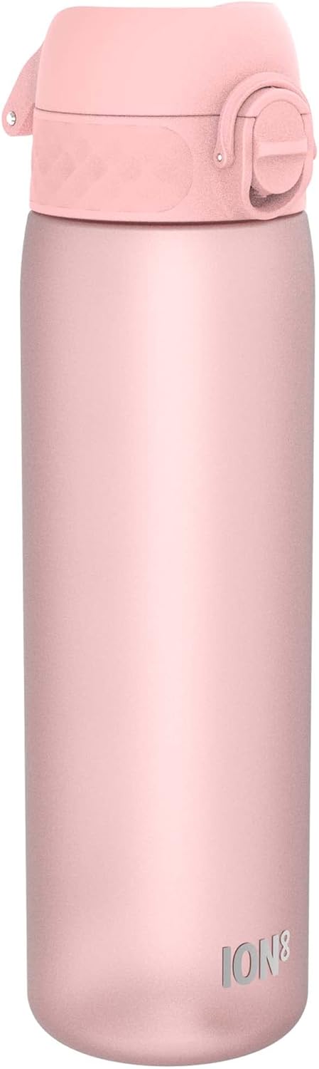 Ion8 Leak Proof Slim Water Bottle, Rose Quartz, 500ml (18oz), Easy to Open, Secure Lock, Dishwasher Safe, BPA Free, Hygienic Flip Cover, Carry Handle, Fits Cup Holders, Easy Clean, Carbon Neutral