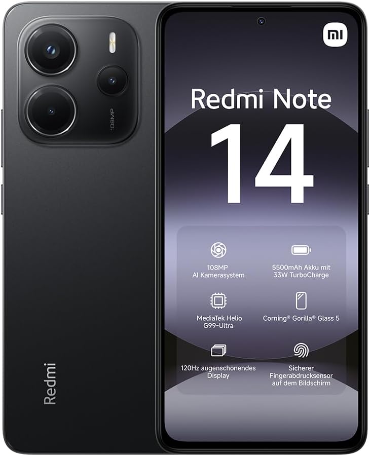 Xiaomi Redmi Note 14 Smartphone - Black, 6+128GB, 108MP AI camera system, 5500mAh battery, 120Hz eye-care display, AI features