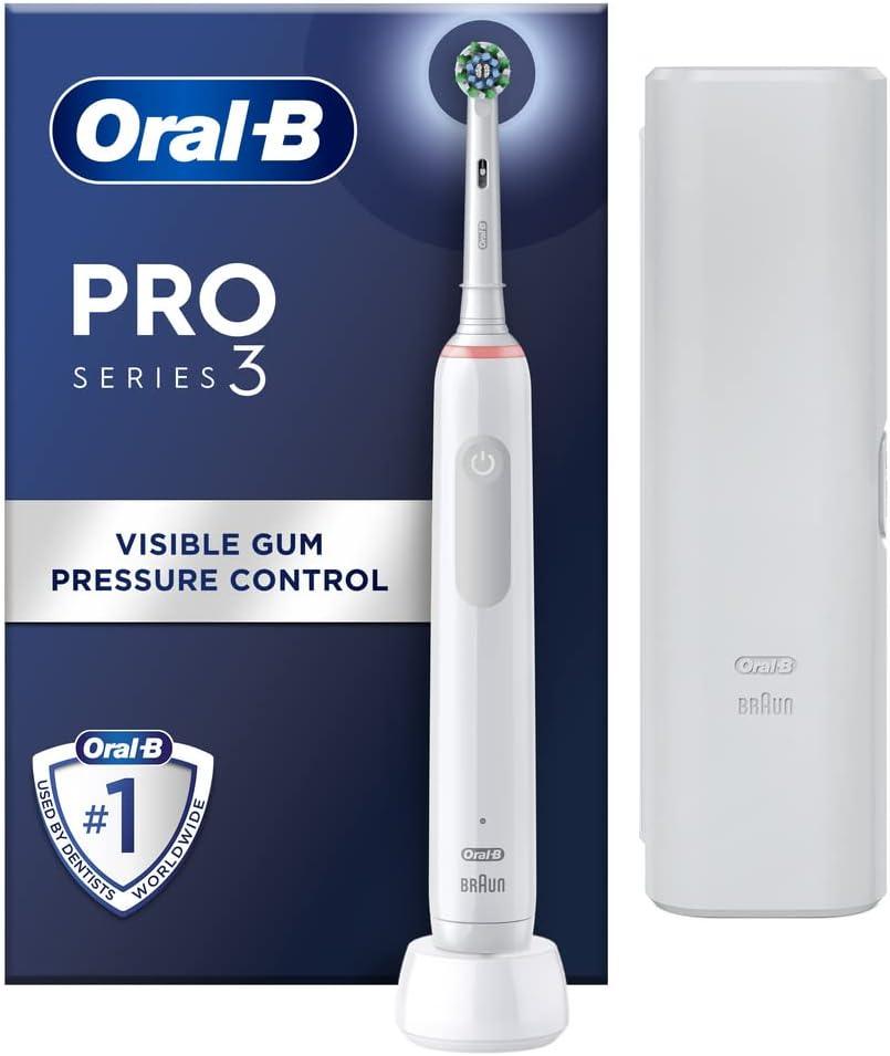 Oral-B Pro 3 Electric Toothbrushes Adults, 1 Toothbrush Head & Travel Case, 3 Modes with Teeth Whitening, 2 Pin UK Plug, White