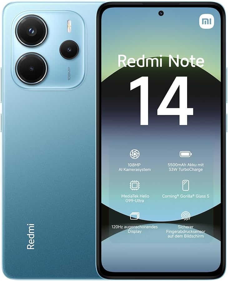 Xiaomi Redmi Note 14 Smartphone - Blue, 6+128GB, 108MP AI camera system, 5500mAh battery, 120Hz eye-care display, AI features