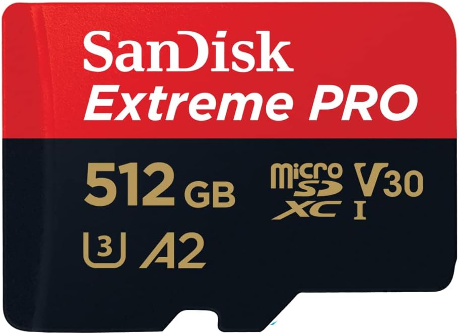 SanDisk 512GB Extreme PRO microSDXC card + SD adapter + RescuePro Deluxe, up to 200 MB/s, with A2 App Performance, for smartphones, action cameras or drones UHS-I Class 10 U3 V30