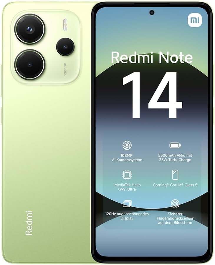 Xiaomi Redmi Note 14 Smartphone - Green, 8+256GB, 108MP AI camera system, 5500mAh battery, 120Hz eye-care display, AI features