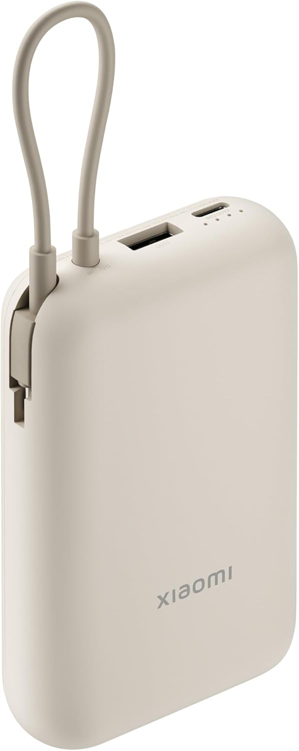 Xiaomi 22.5 W Power Bank - Tan with Integrated Cable - 10000 mAh, Quick Charge Function, Charges 3 Devices Simultaneously, Suitable for Flight, 4.5 Hours Charging Time - Stylish and Functional