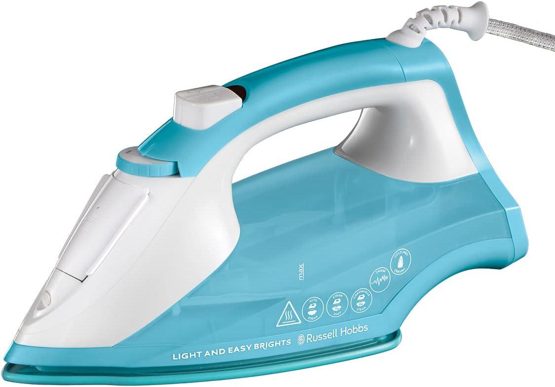 Russell Hobbs Light & Easy Brights Aqua Steam Iron, Fabric Softening Infused Ceramic Soleplate. 2x smoother glide, 2x durability, 240ml Water Tank, 115g Steam Shot, 35g Continuous Steam, 2400W