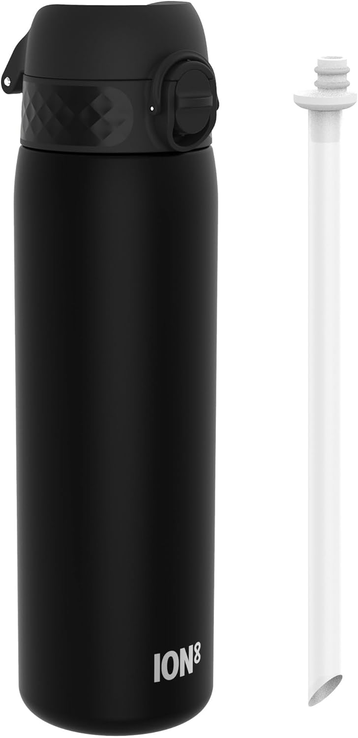 Ion8 Leak Proof Slim Water Bottle With Straw, Black, 500ml (18oz), BPA-Free Drinking Bottle with Straw, Triple Lock Lid to Prevent Spills & Integrated Handle, Carbon Neutral, Recyclon