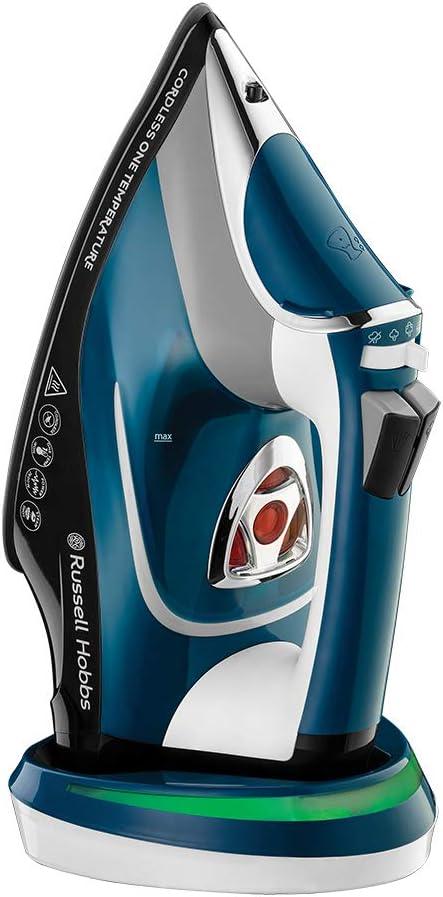 Russell Hobbs Cordless Steam Iron with One Temp Technology, Fast 6 second charge, Ceramic soleplate, 210g Steam Shot, 45g Continuous steam, 350ml Water Tank, Self-clean function, 2600W