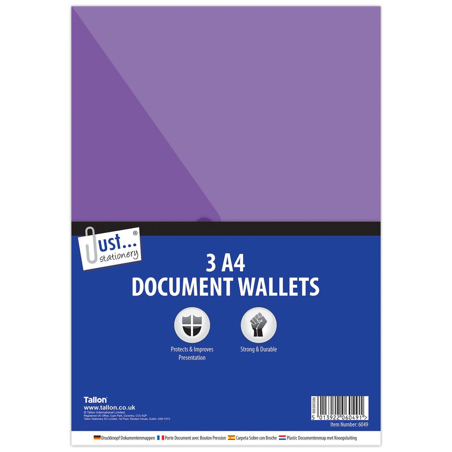 Just Stationery A4 Plastic Document Wallets, Assorted Colours - Pack of 3