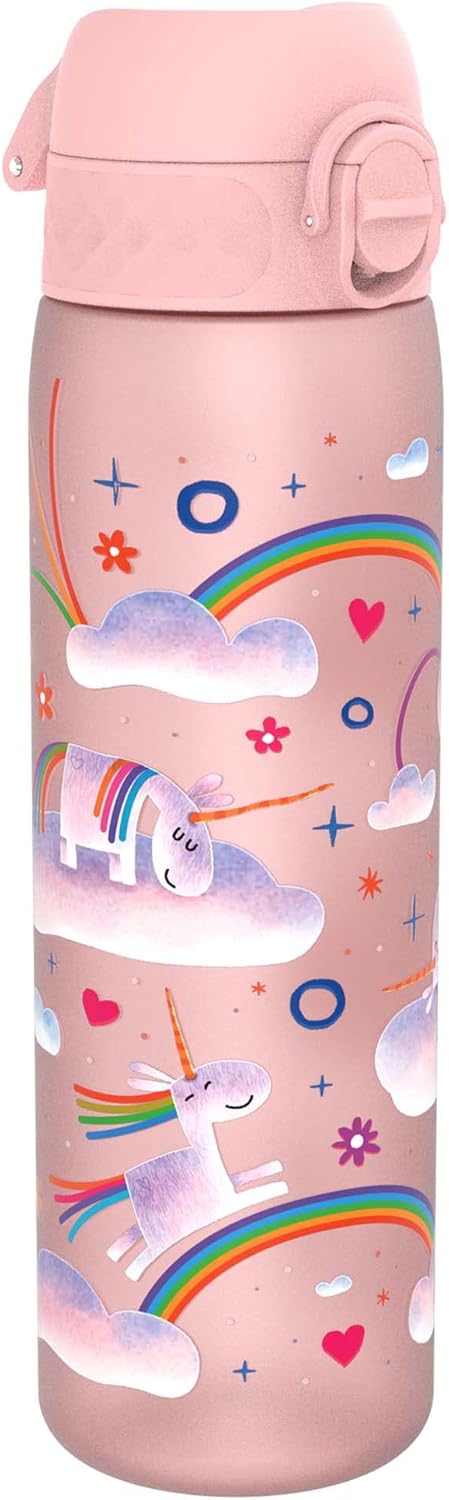 Ion8 Leak Proof Slim Water Bottle, Unicorn Rainbows, 500ml (18oz), Easy to Open, Secure Lock, Dishwasher Safe, BPA Free, Hygienic Flip Cover, Carry Handle, Fits Cup Holders, Easy Clean, Carbon Neutral