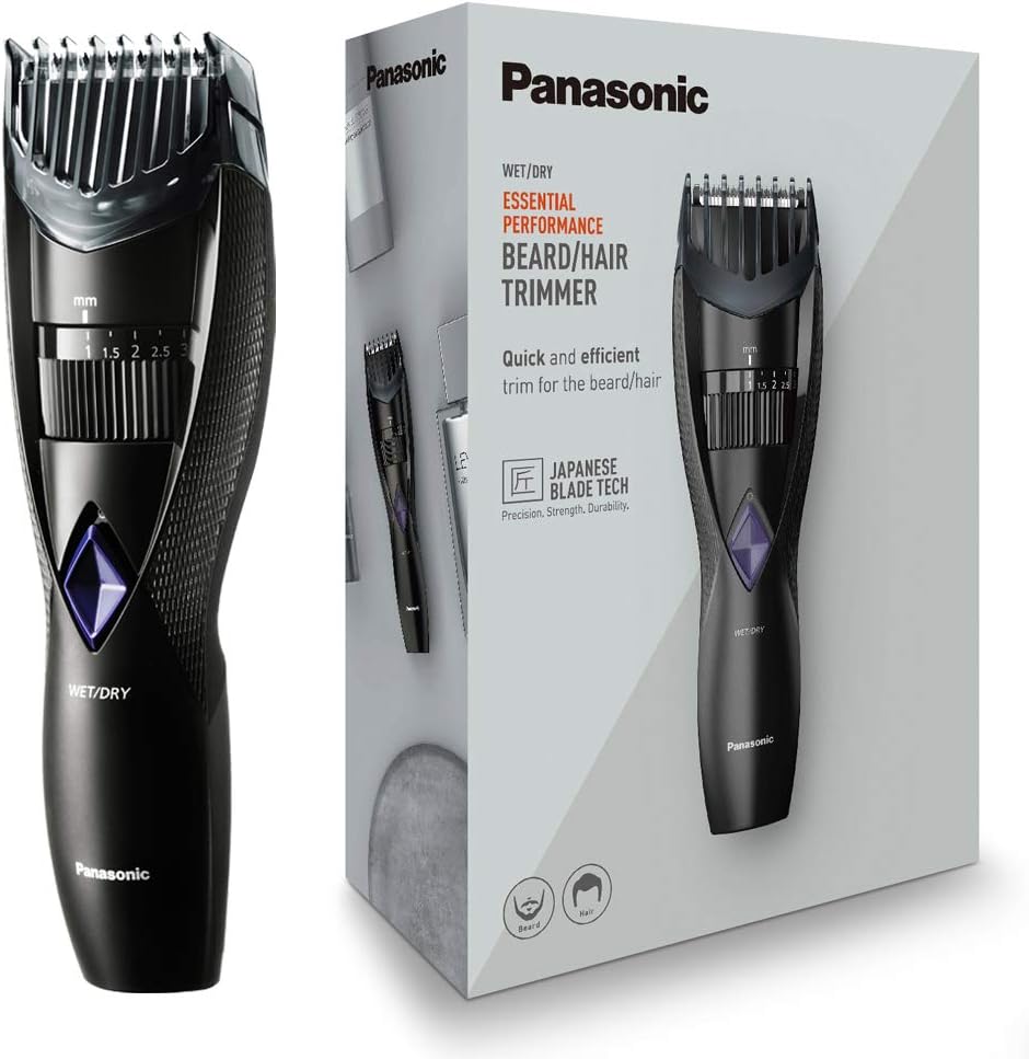 Panasonic Wet & Dry Electric Beard Trimmer for Men with 20 Cutting Lengths, Standard UK 3pin plug, Black, 40 min usage