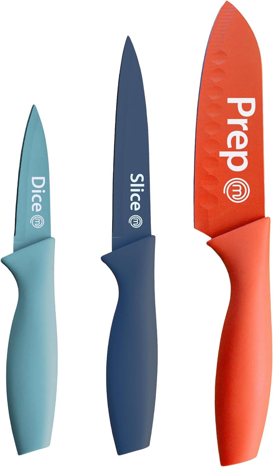 MasterChef Knife Set of 3 Kitchen Knives for Cooking (Chef, Paring & Utility), Professional Sharp Stainless Steel, Non Stick Blades & Soft Touch Handles, Easy Grip, Vivid Collection, 3 Piece