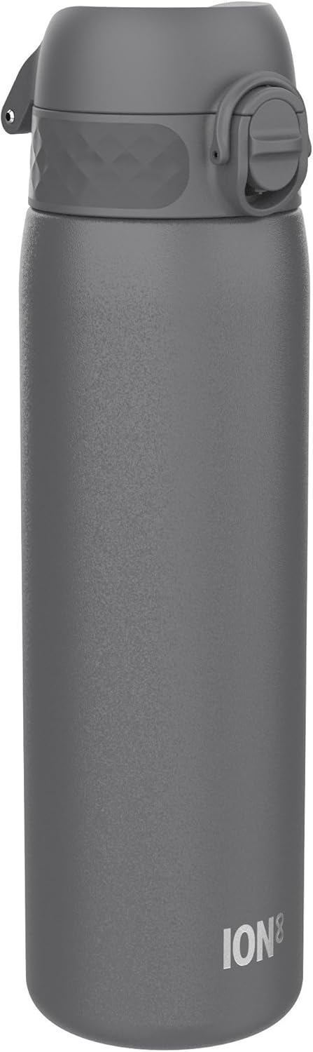 Ion8 Leak Proof Slim Water Bottle, Vacuum Insulated, Grey, 500ml (17oz), Leak Proof, Easy to Open, Secure Lock, Dishwasher Safe, Fits Cup Holders, Carry Handle, Scratch Resistant, Metal Water Bottle