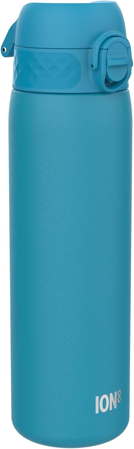 Ion8 Leak Proof Slim Water Bottle, Stainless Steel, Blue, 600ml (20oz), Non-Insulated, Leak Proof, Easy to Open, Secure Lock, Dishwasher Safe, Flip Cover, Fits Cup Holders, Carry Handle, Metal Water Bottle