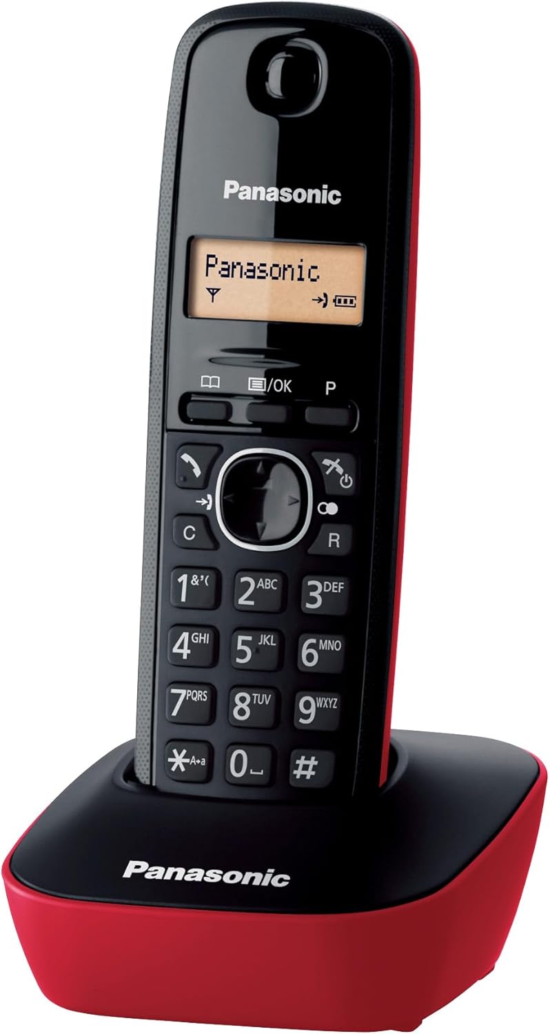 Panasonic DECT Digital Wireless Phone, Base Unit and 1 Handset, Caller ID, Long Battery Life, LCD Display, Phonebook, Recall, Alarm Clock, Red