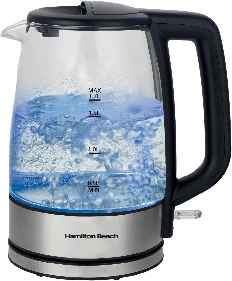 Hamilton Beach Illuminating Glass Kettle, 1.7L, Fast Boil, LED Illumination, Boil Dry Protection, Pull Lid, Water Level Indicator, 360° Rotational Base, UK Strix Technology, 2200W, Silver