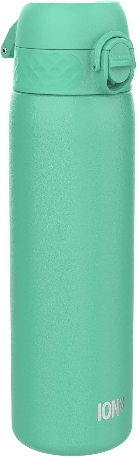 Ion8 Leak Proof Slim Water Bottle, Stainless Steel, Teal, 600ml (20oz), Non-Insulated, Leak Proof, Easy to Open, Secure Lock, Dishwasher Safe, Flip Cover, Fits Cup Holders, Carry Handle, Metal Water Bottle