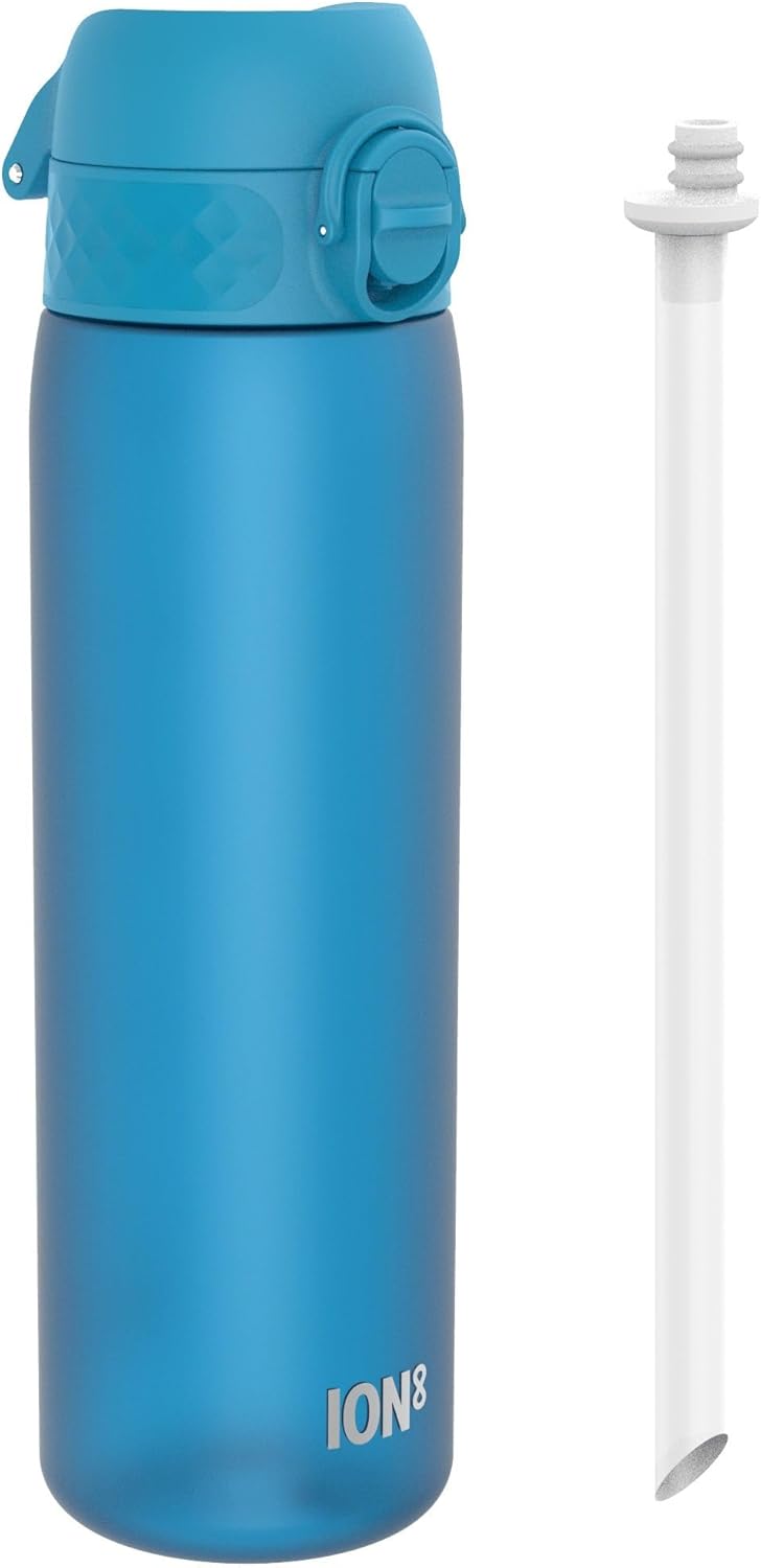 Ion8 Leak Proof Slim Water Bottle With Straw, Blue, 500ml (18oz), BPA-Free Drinking Bottle with Straw, Triple Lock Lid to Prevent Spills & Integrated Handle, Carbon Neutral, Recyclon