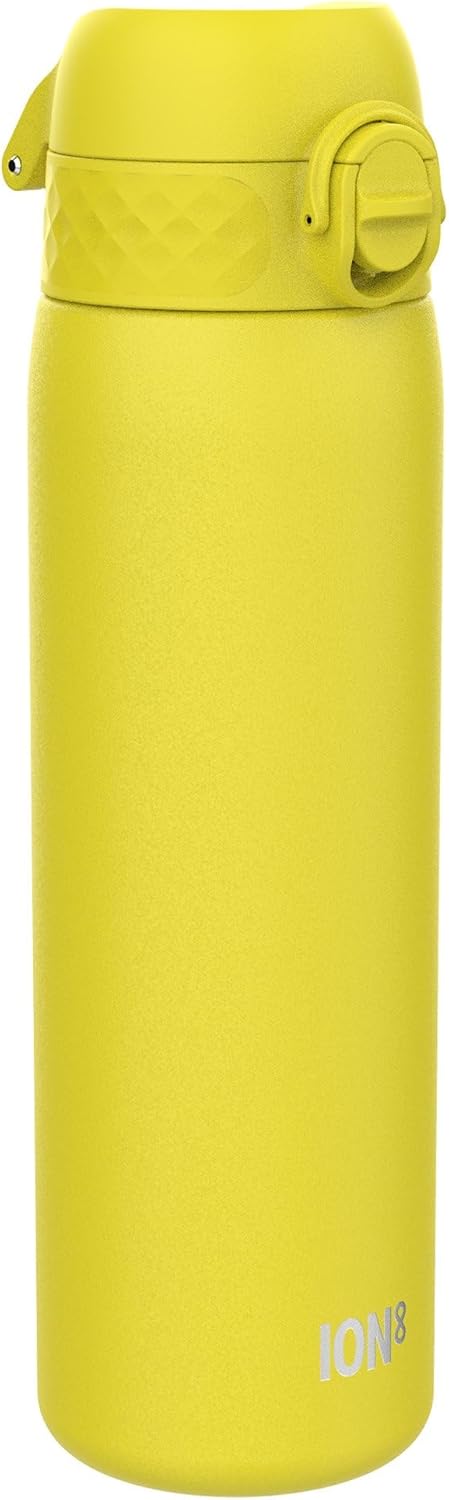 Ion8 Leak Proof Slim Water Bottle, Vacuum Insulated, Yellow, 500ml (17oz), Leak Proof, Easy to Open, Secure Lock, Dishwasher Safe, Fits Cup Holders, Carry Handle, Scratch Resistant, Metal Water Bottle
