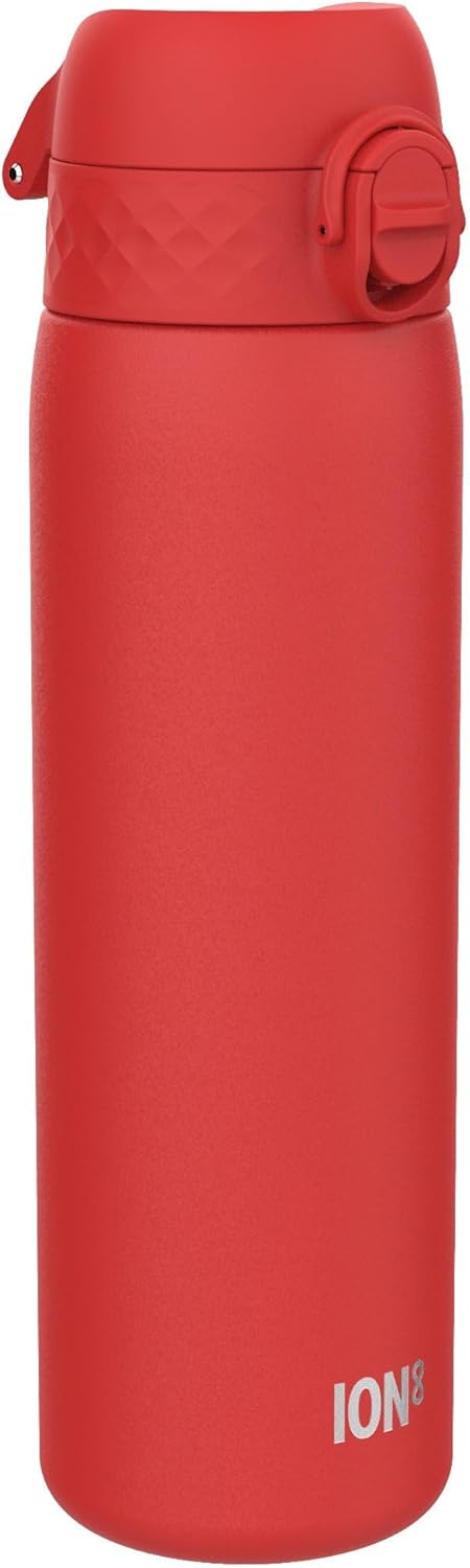 Red insulated bottle with a brand logo on a red background