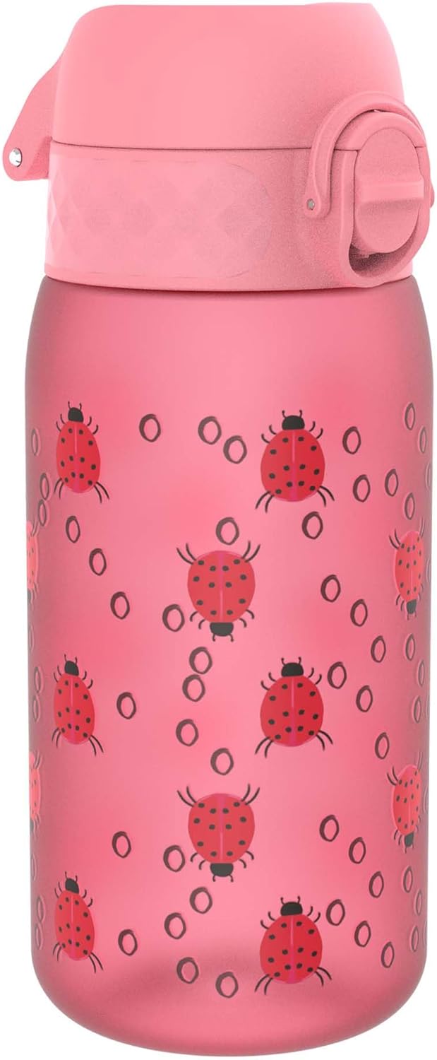 Ion8 Leak Proof Kids Water Bottle, Ladybugs, 350ml (12oz), Leak Proof, Easy to Open, Secure Lock, Dishwasher Safe, BPA Free, Carry Handle, Hygienic Flip Cover, Easy Clean, Odour Free, Carbon Neutral