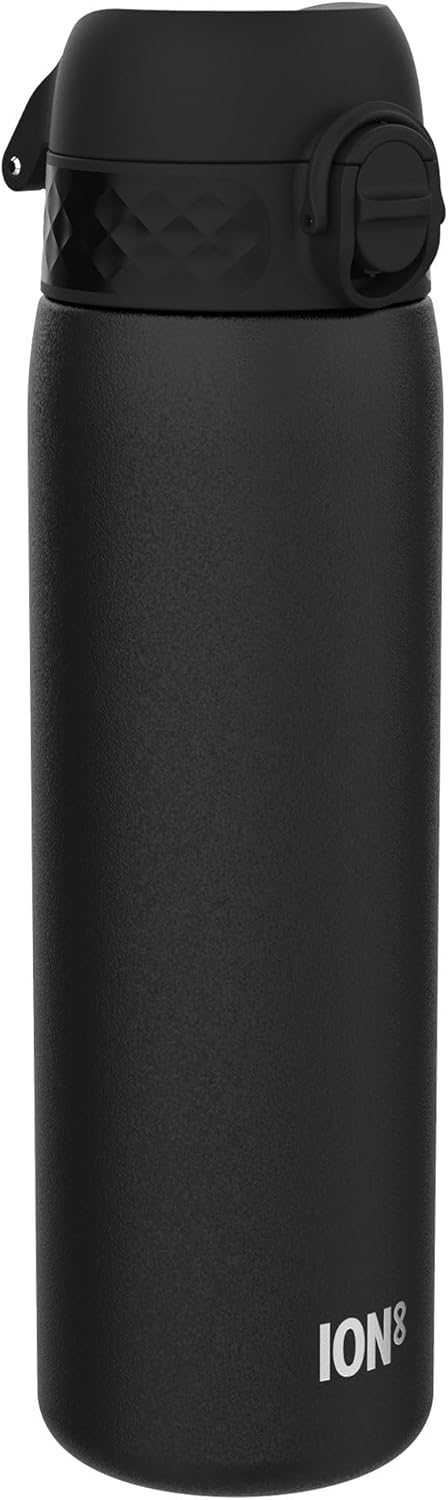 Ion8 Leak Proof Slim Water Bottle, Vacuum Insulated, Black, 500ml (17oz), Leak Proof, Easy to Open, Secure Lock, Dishwasher Safe, Fits Cup Holders, Carry Handle, Scratch Resistant, Metal Water Bottle