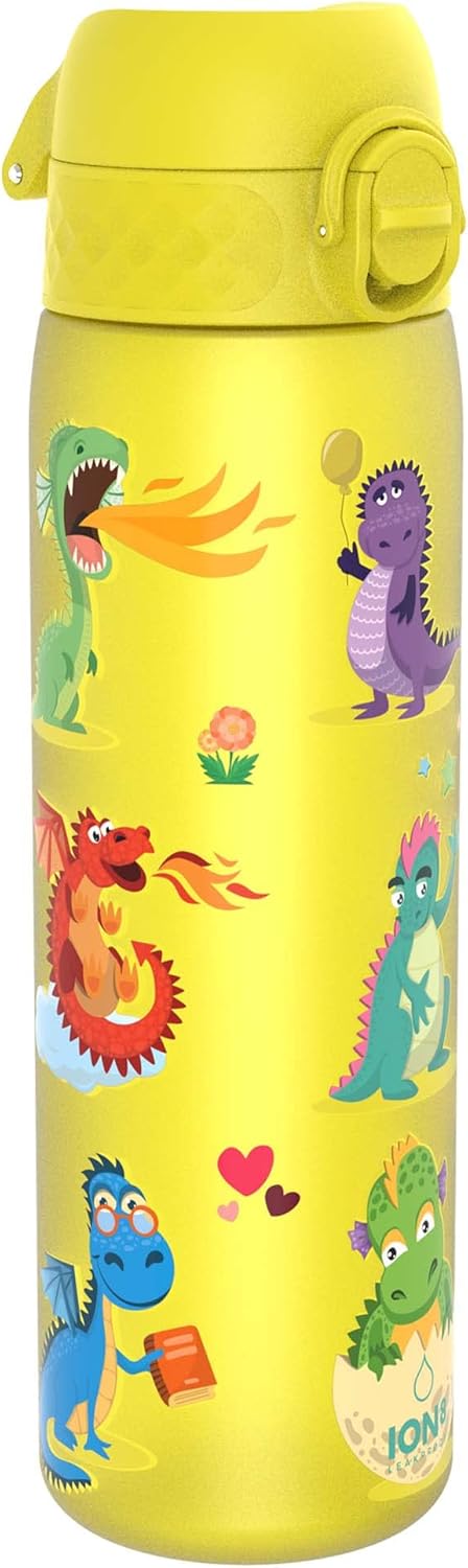 Ion8 Leak Proof Slim Water Bottle, Dragons, 500ml (18oz), Easy to Open, Secure Lock, Dishwasher Safe, BPA Free, Hygienic Flip Cover, Carry Handle, Fits Cup Holders, Easy Clean, Carbon Neutral