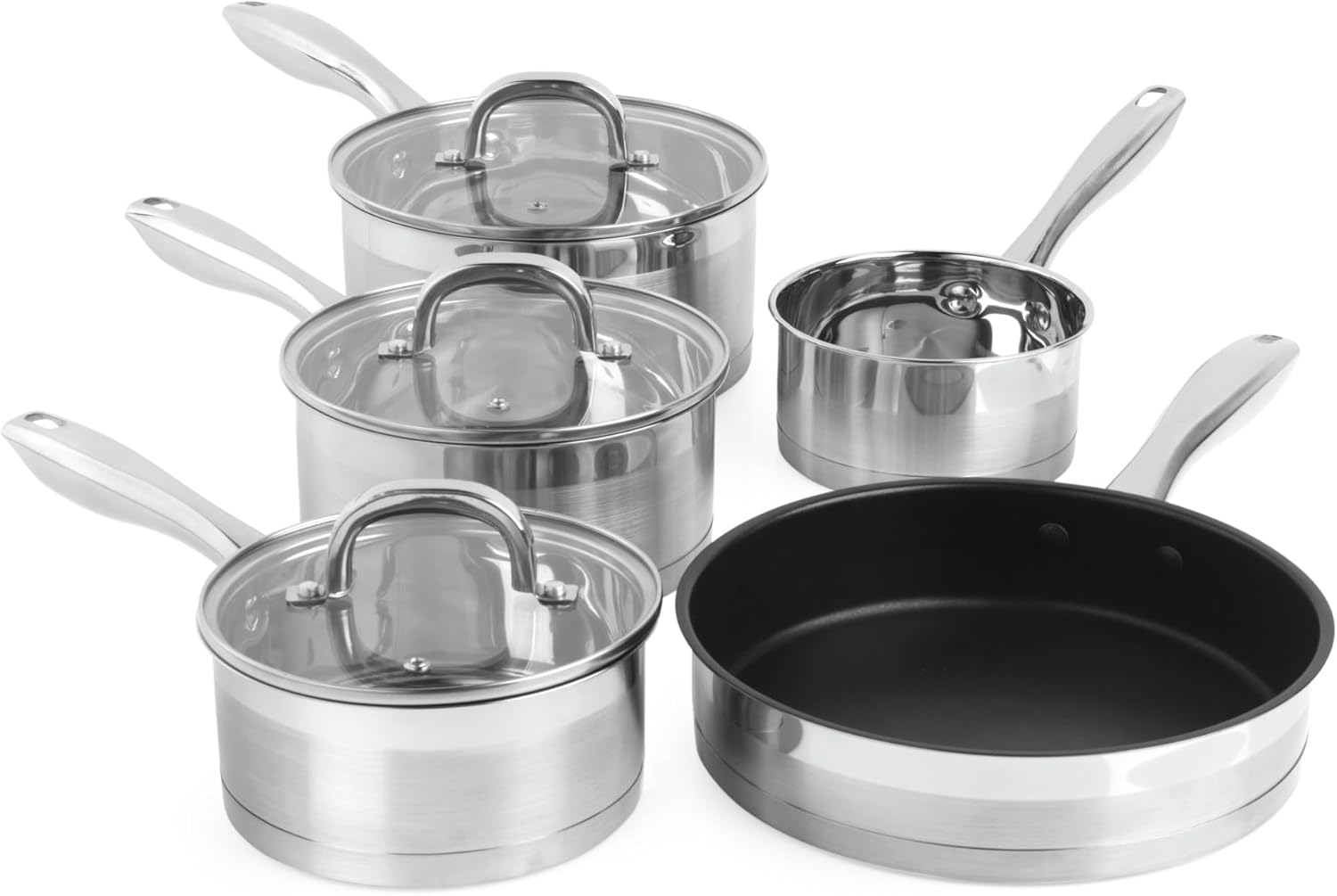 Salter Timeless 5 Piece Pan Set - Induction Hob Cooking Pots, Stainless Steel Cookware, 16, 18, 20 cm Saucepans, Milk Pan & 24cm Frying Pan, Includes Tempered Glass Lids, Easy Grip Handles