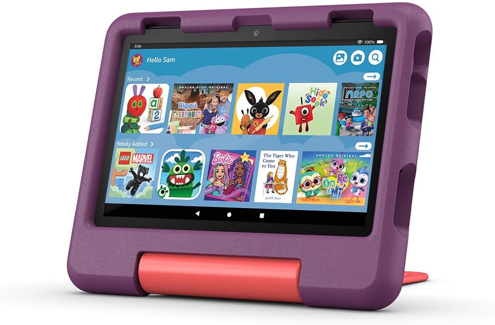 New Amazon Fire HD 8 Kids tablet, ages 3–7 | 3 GB memory, ad-free content with parental controls included, 13-hr battery, 32 GB, Grape, (2024 release)